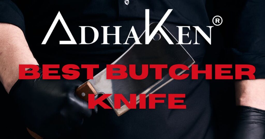 AdhaKen German steel butcher knife on a wooden block, showcasing the best butcher knife for meat cutting.