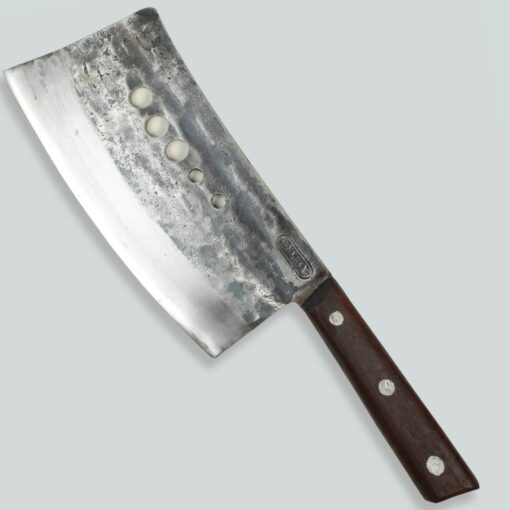 A heavy-duty butcher knife designed for bone cutting, with a sharp steel blade and ergonomic handle