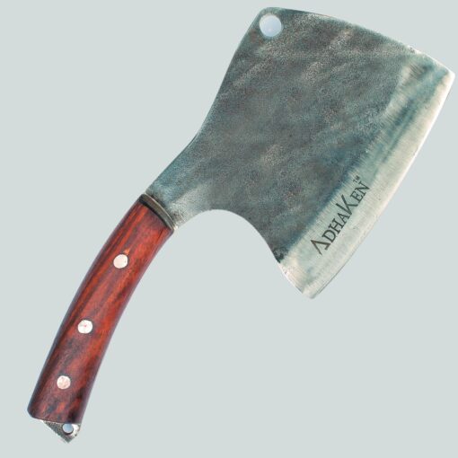 Heavy-duty axe knife with a spring steel blade and wooden handle for outdoor tasks.