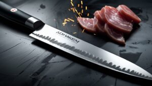 AdhaKen D2 steel knife blade on steel surface, showcasing the best knife material for durability and sharpness.