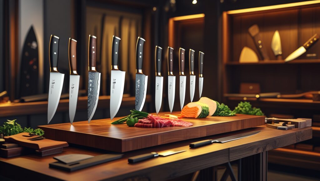 Handcrafted chef’s knife, outdoor knife, and paring knife displayed on a wooden table showcasing quality blades available to buy knives online in India at Adhaken.com.