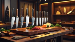 Handcrafted chef’s knife, outdoor knife, and paring knife displayed on a wooden table showcasing quality blades available to buy knives online in India at Adhaken.com.