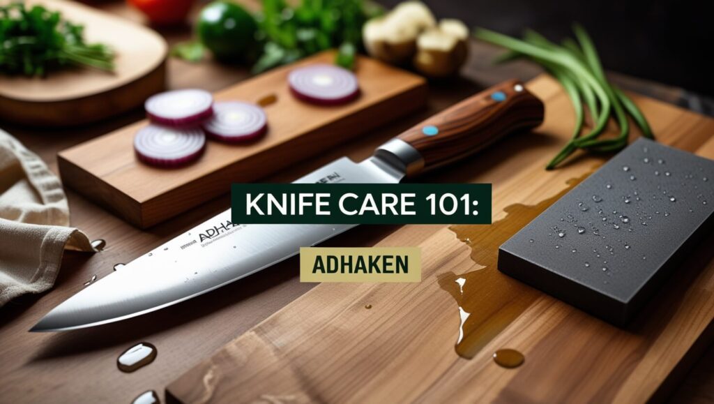 AdhaKen knife and whetstone on wooden countertop, showcasing easy knife care tips for sharpening and maintenance