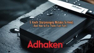 AdhaKen whetstone and Serbian Chef Knife on a stone surface, highlighting fixes for common knife sharpening mistakes.