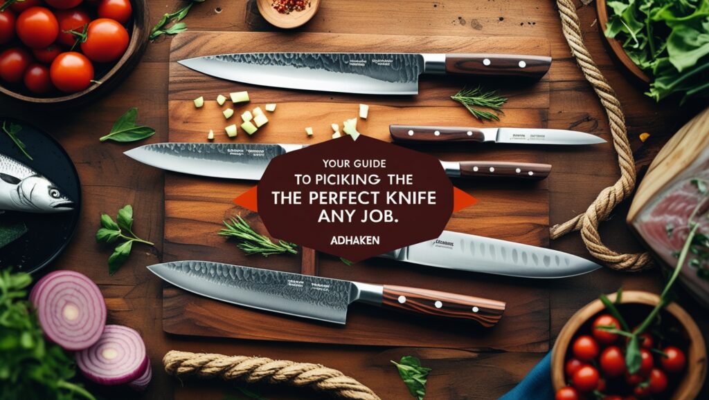 AdhaKen knives on a wooden table, including a Serbian Chef Knife and Fish Cutting Knife, showcasing the perfect knife for every task.