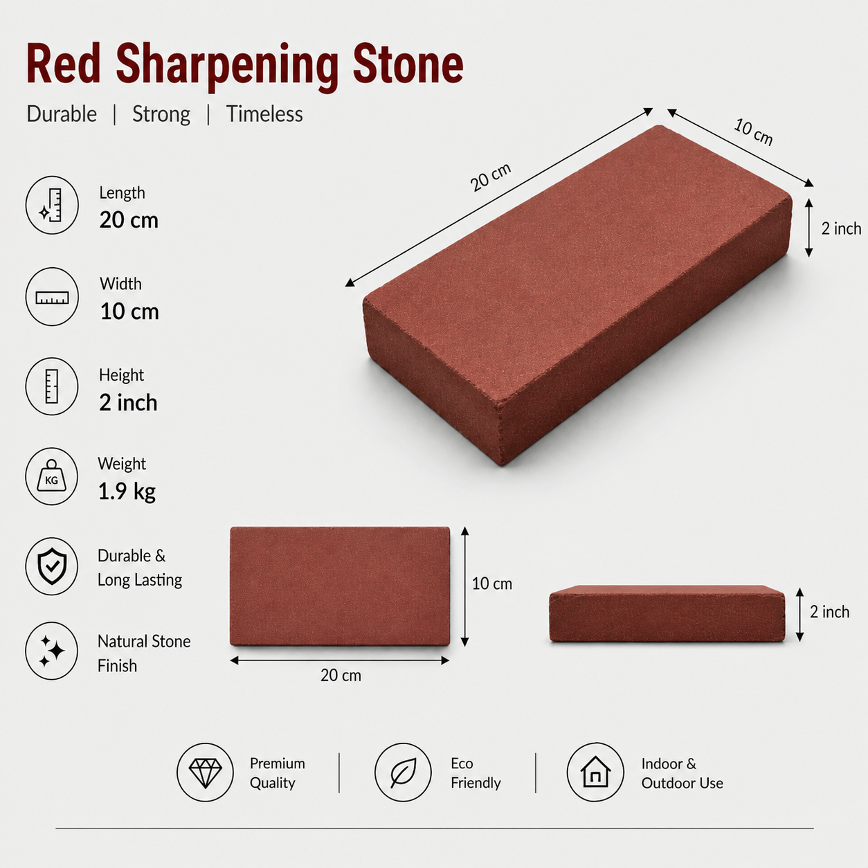 Red Sharpening Stone 20×10 cm (1.9kg) – Compact Heavy Duty Knife Sharpening Stone