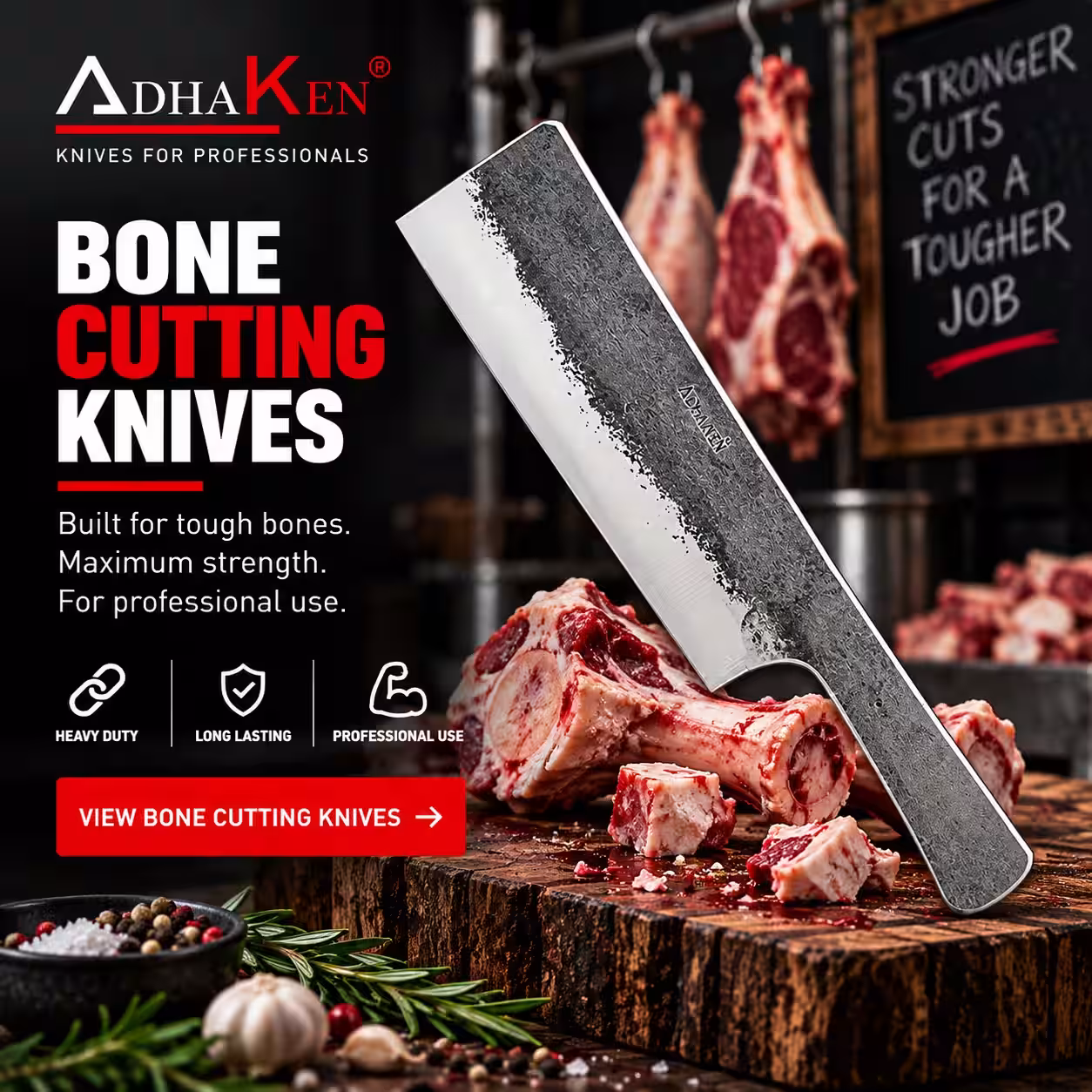 AdhaKen heavy-duty bone cutting knife for professional butchers